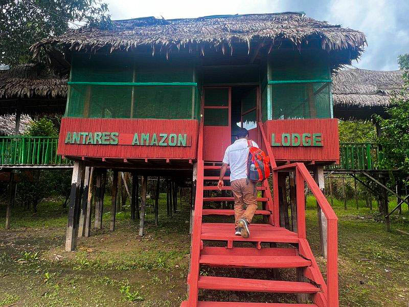 Entrance to the dining area at Antares Amazon Lodge with rustic and cozy design